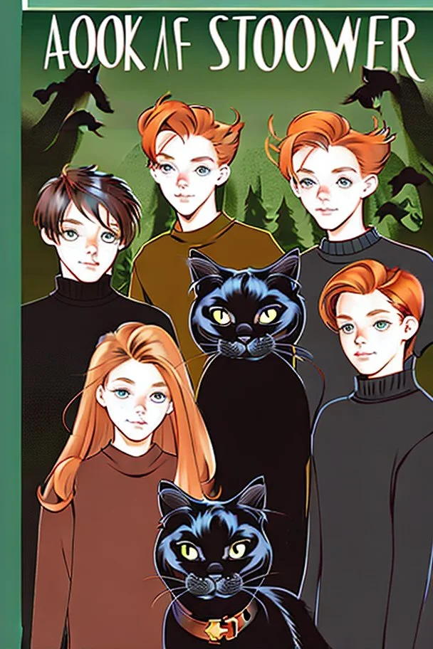 Act like a book cover designer. Use comic style. Grimmy black cat and a group of three teenagers (13-15 years old) - two brothers with ginger hair and frickles with a brown-haired girl. Environment: old town.