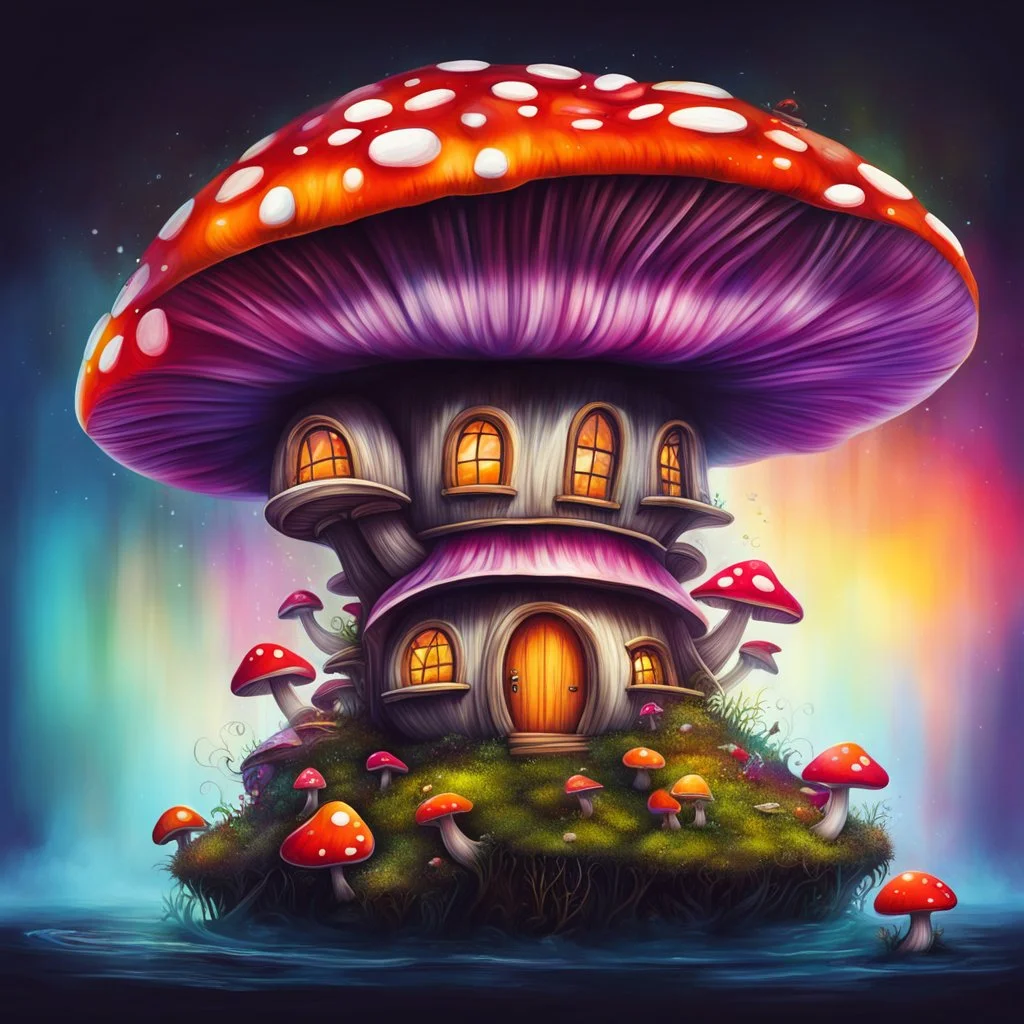 mushroom house on a floating space island. Bright Bold Bright Colors, Stark Dark background. Fantasy Style. High Quality, Painterly, Whimsical, Fun, Imaginative, Bubbly,