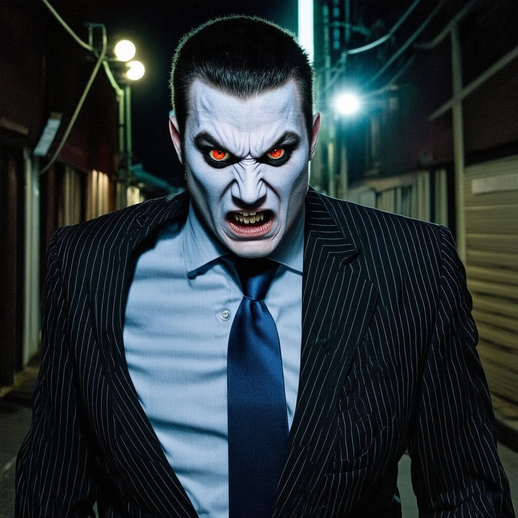very grainy discolored 2000s photo, closeup portrait, dark night alley with no lights, grunge, extremely gaunt male with chalk-white skin wearing a striped suit with a blue tie, angry, imposing, fiery look in the eyes, bruja, biker