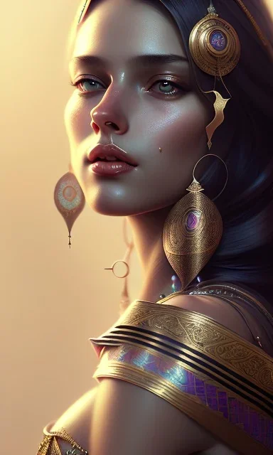 Arab princess , cute, beautiful, long hair, wavy hair, black eyes, head and shoulders portrait, cinematic, 8k, resolution concept art portrait by Greg Rutkowski, Artgerm, WLOP, Alphonse Mucha dynamic lighting hyperdetailed intricately detailed