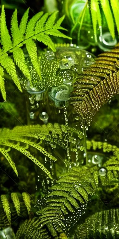 cinematic shot of flowers and ferns inside a test tube, waterdrops, dewdrops, moss, crystal, luxurious, bell jar