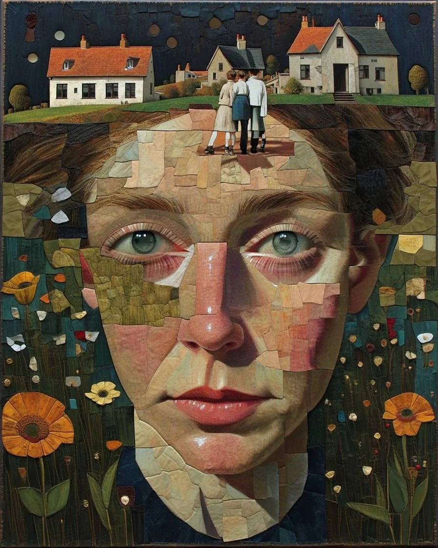 A house on the Hill. Life and times, patchwork art by Jamie Heiden, Peter Doig, Renoir, Pol Ledent, Endre Penovac Modifiers: portrait acrylic art surreal Arthur Rackham Optical illusion Debehsque