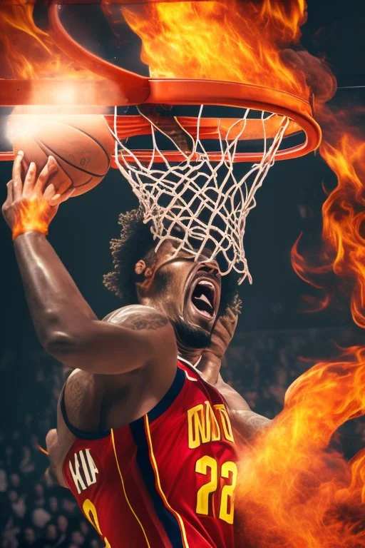 8k, highly realistic and detailed image of a NBA basketball player in action dunking the ball in the net, sweaty hair, screaming look,action and smoke and flames background