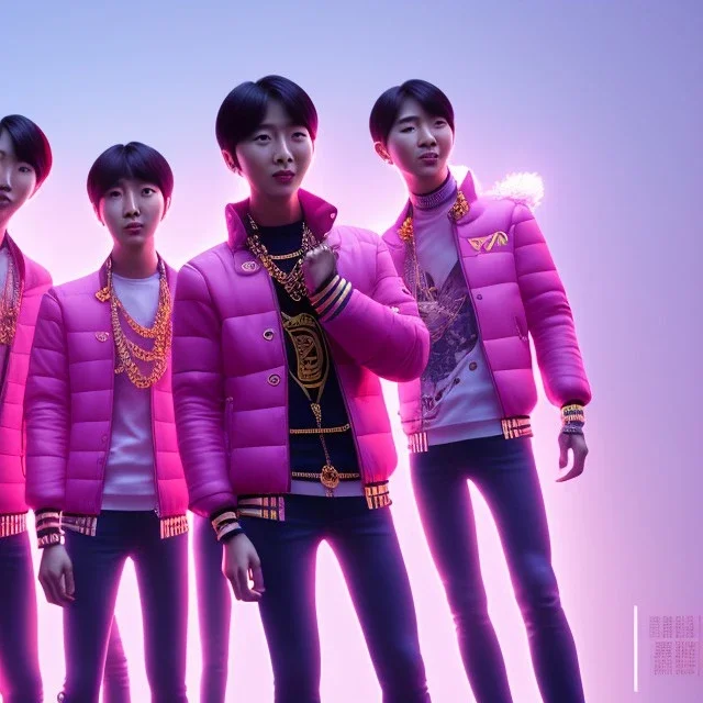 pixar style anamorphic Korean band BTS, smiling, gangsta gold neckless, full body, magenta puffer jacket, manila city backdrop, dramatic lighting, hyper-realistic, unreal engine 5, 16k. full detailed, bitcoin