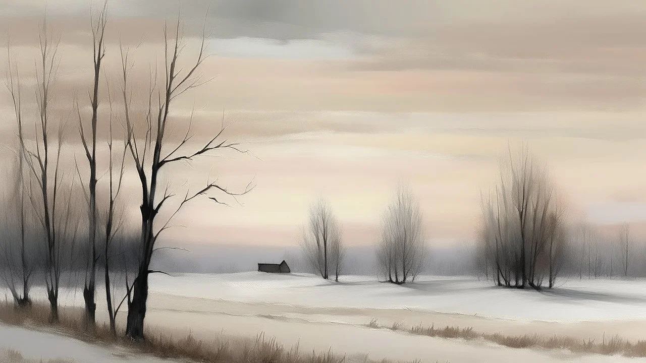 Winter landscape at dawn, a serene vista of a snowy field with muted colors. Soft, pale hues of beige and gray dominate, representing the fading twilight or dawn light. A small, snow-covered building, with muted dark silhouette, stands in the distance amidst bare, leafless trees. The trees are depicted with subtle brushstrokes, creating a sense of depth and space. The snow cover is a soft, light gray-white, with nuanced tones showcasing texture and depth. A simple wooden fence, painted in m