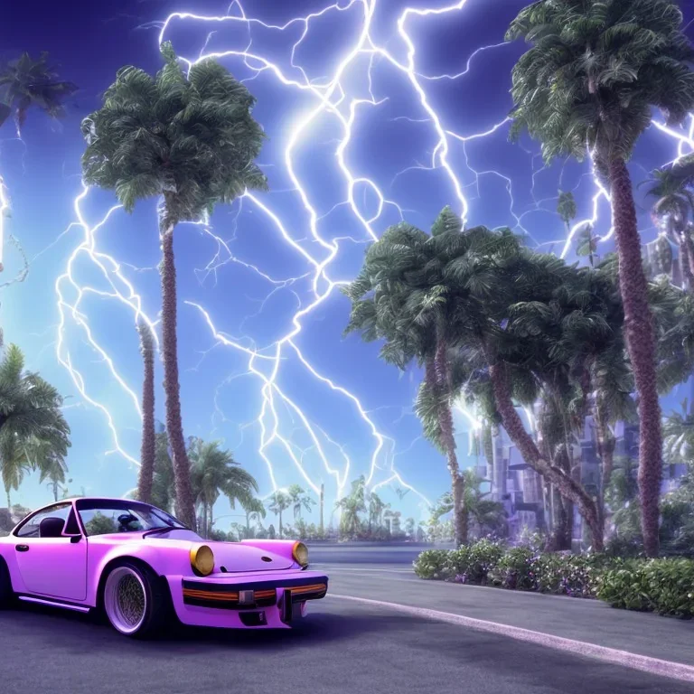 1980's aesthetic vaporwave palm trees and spheres and Porsche with lightning