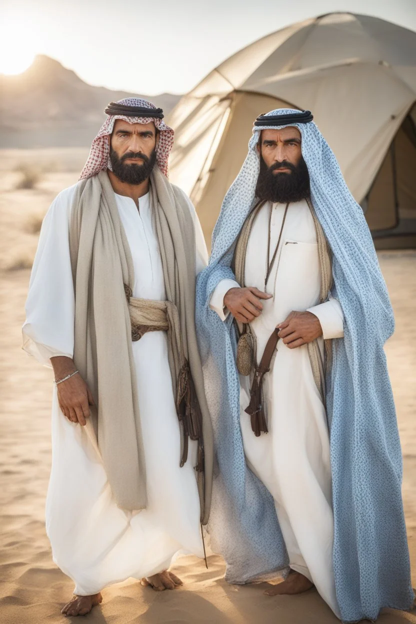 full figure photography of two serious ugly brawn 35-year-old burly beefy bullneck arabs tourist guides wearing bulging traditional clothes, shirtless, big shoulders, hairy chest, manly chest, with very bushy eyebrows, photorealistic, sunlight, ambient occlusion, strong side light , inside a camping tent in the desert