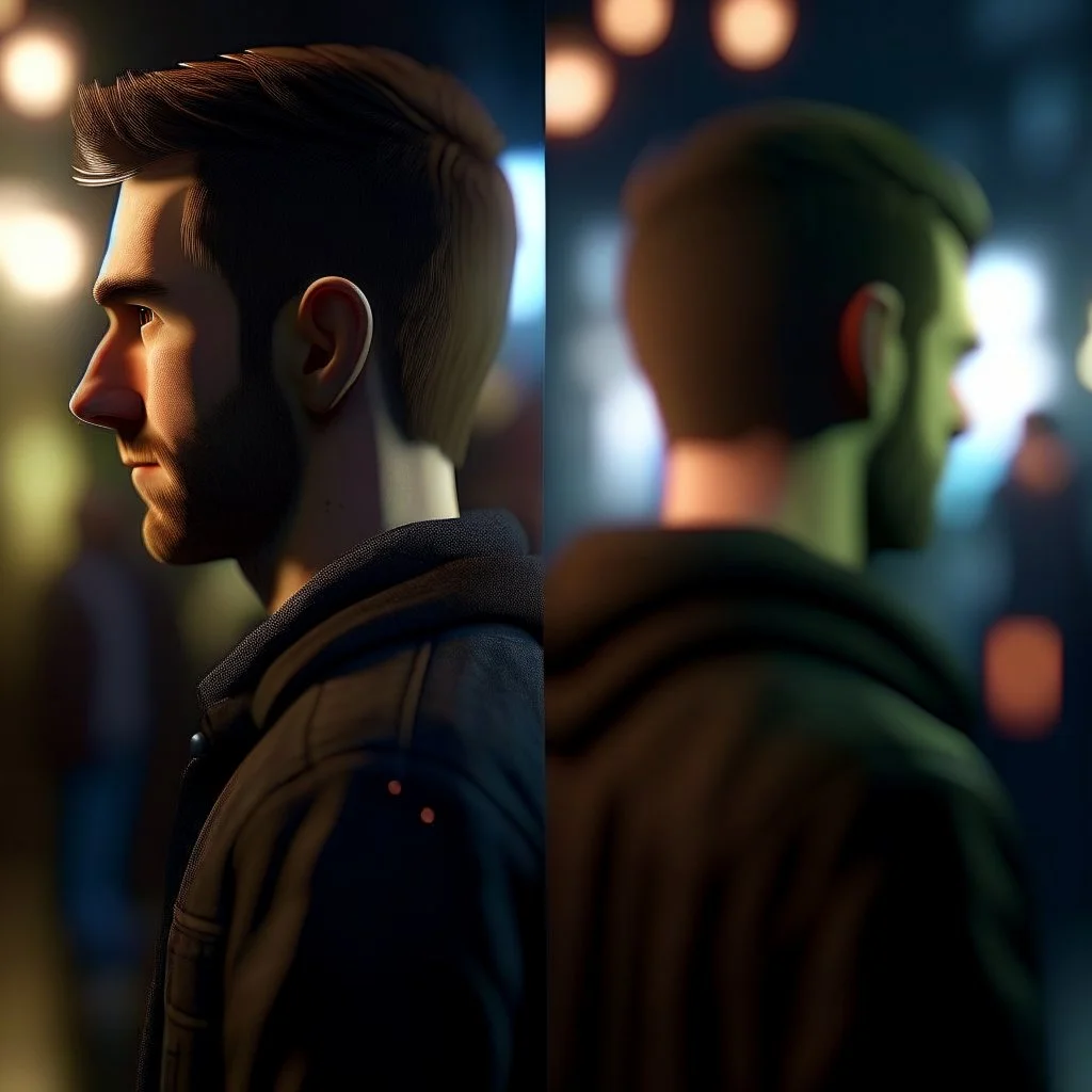 back and front of a man ,bokeh like f/0.8, tilt-shift lens 8k, high detail, smooth render, down-light, unreal engine