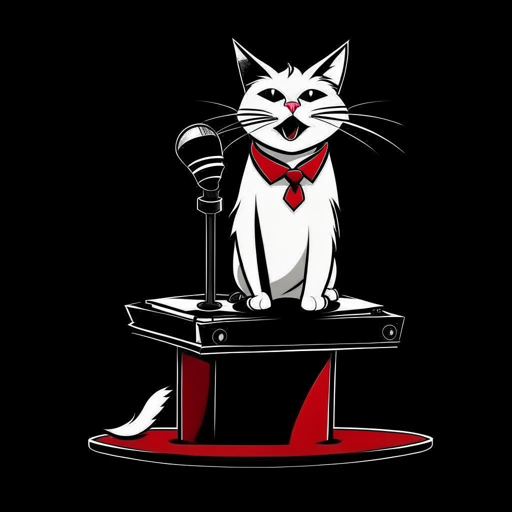 Ilustración vectorial de un gato antropomorfico hablando en un atril con micrófono, colores negro, blanco y rojo, fondo negro