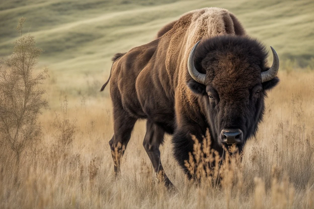 Bison walking uphill towards viewer's right, prairie grasses and plants in foreground, background fades out to completely white