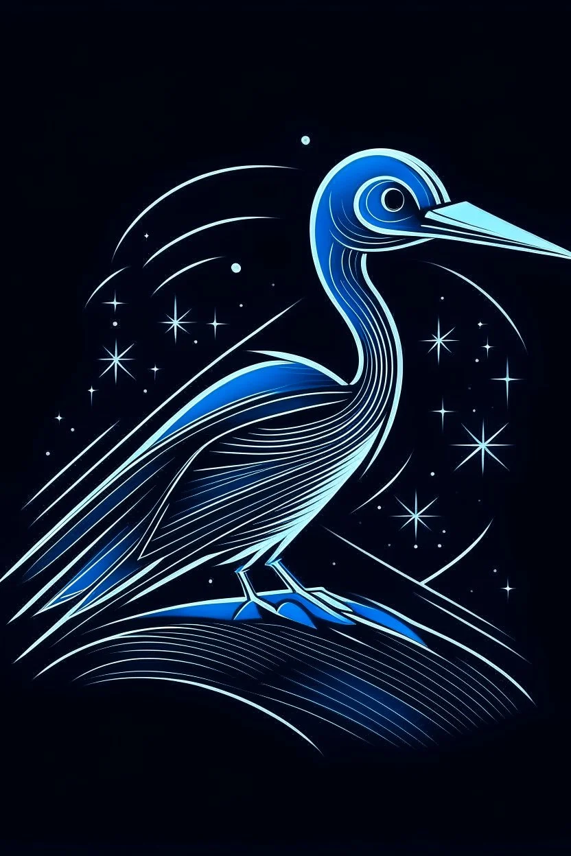 A sleek, silver Albatrosst with a single, neon fin, cruising through a starry night sky. Style: Art Deco, Mood: Mysterious and Glamorous, Lighting: Deep blue with neon highlights, T-shirt design graphic, vector, contour, white background.