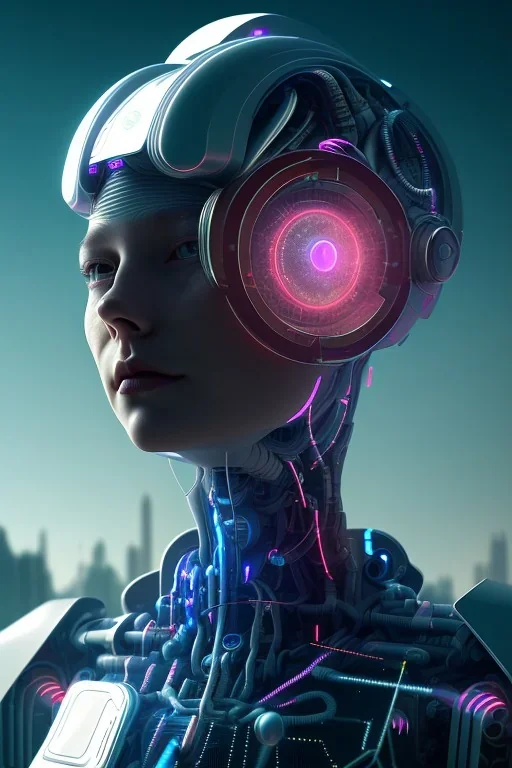 projection of an AI head hovering over an cyberpunk landscape in the distance, a small human walking towards the head, high quality, 4k resolution, high details