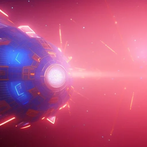 a crystalised blue pink spaceship, gold, diamonds, lightbeams, cosmic background, atmospheric, realistic, unreal engine, 8k. Cinematic lighting, octane render.