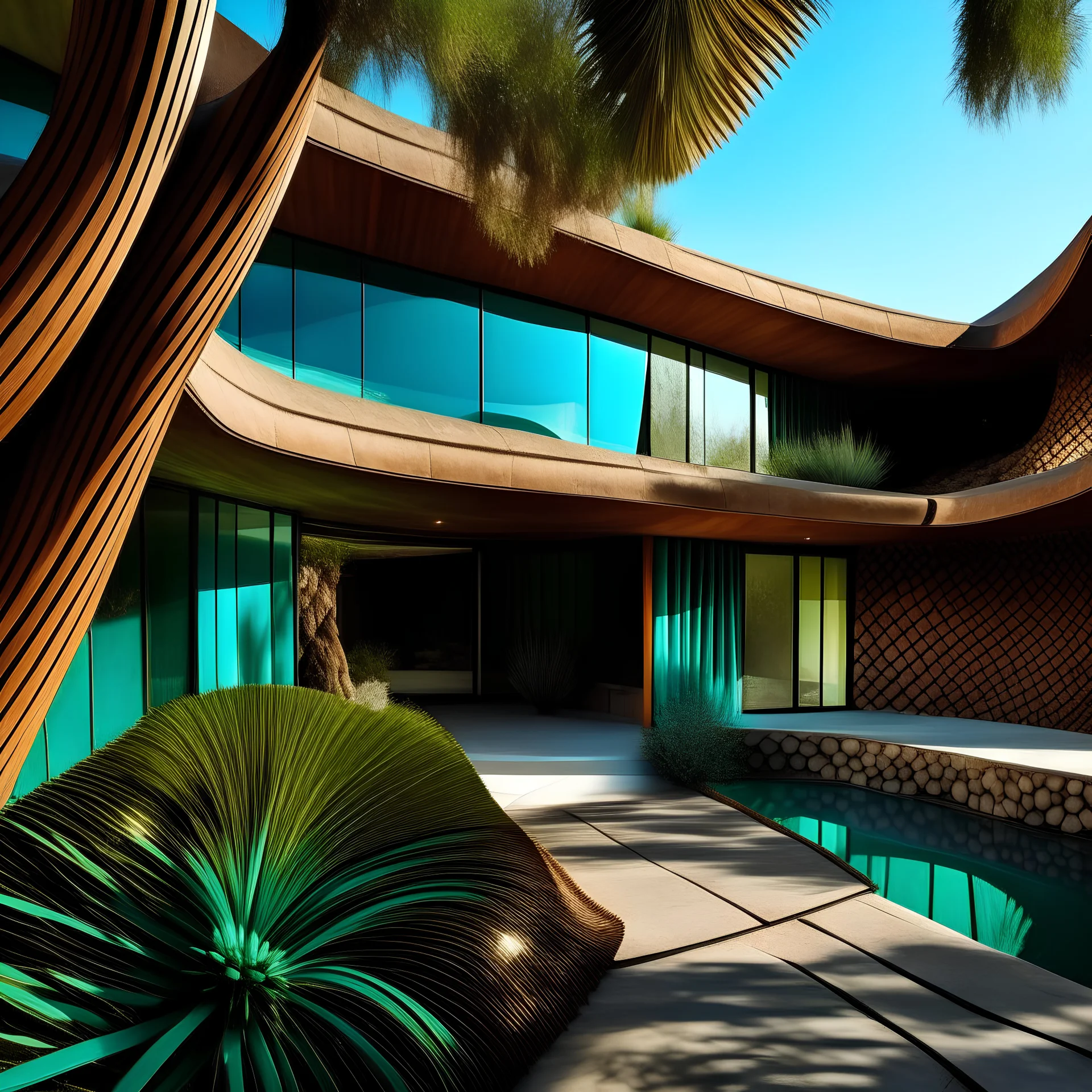 house designed by john lautner, african patterns, textured turquoise, route 66 desert, polished copper,reflection, concrete