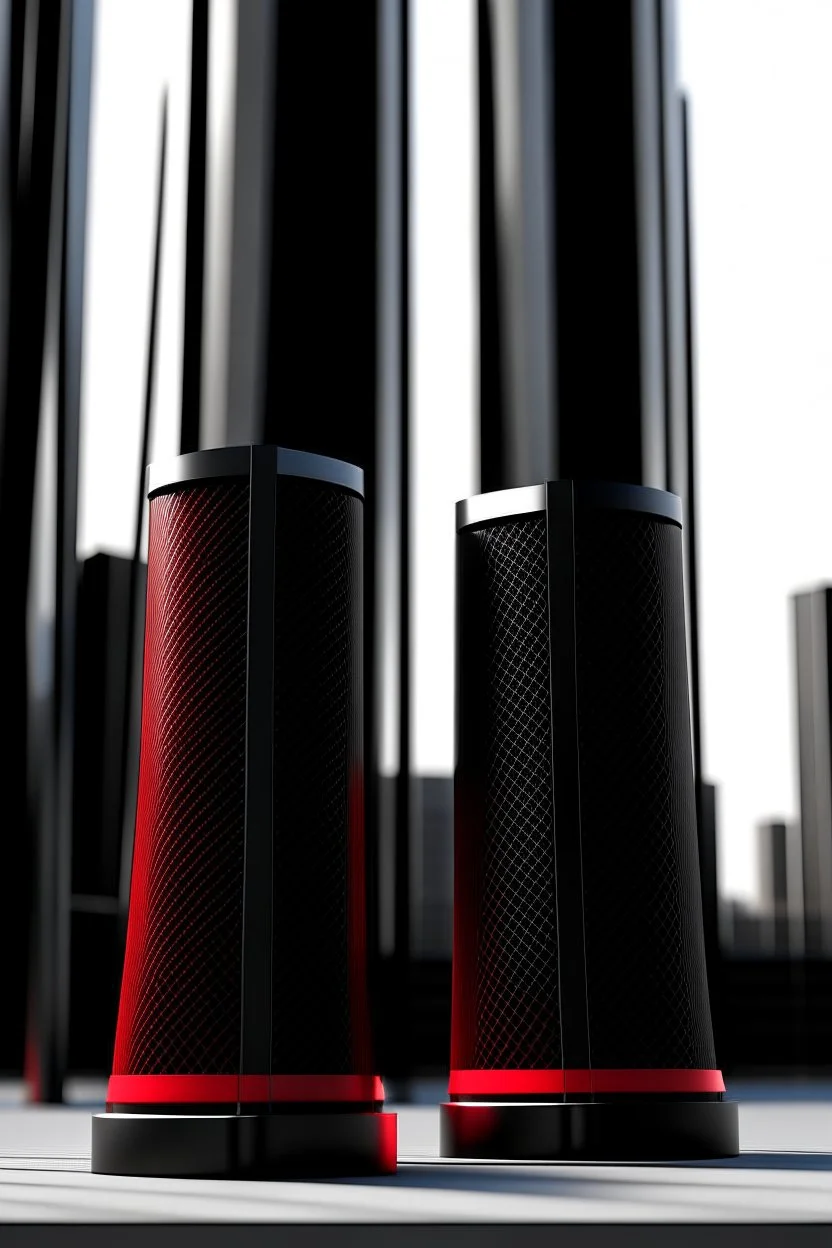 portable speaker, form inspired by merdeka 118 tower , architecture form, geometric design style and black and red color