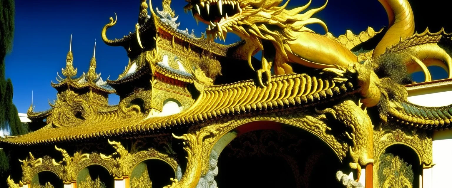 A golden mythical dragon temple painted by Salvador Dali