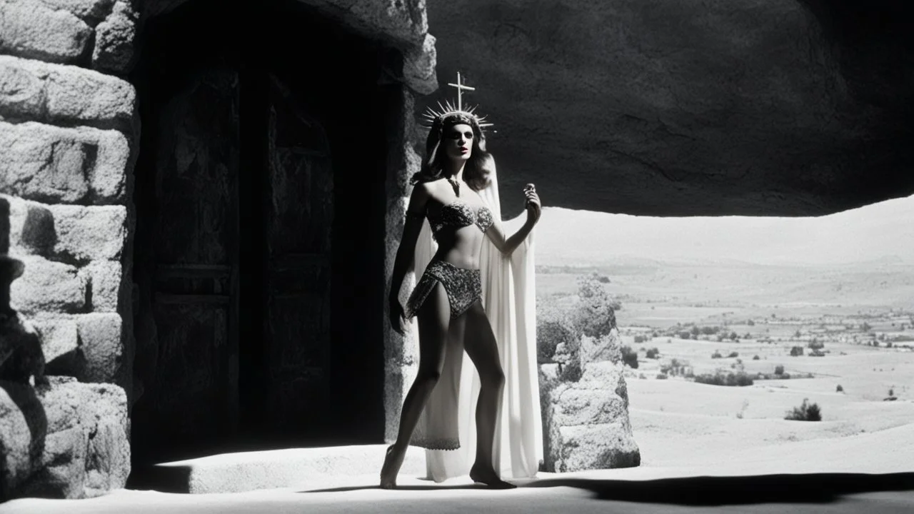 [colour helmut newton 1960’s stop-motion animation style the small Jesus house near Bethlehem] a 70s advertisement video TV featuring In the corner, a figure emerges from the shadows. It's Maria Magdalena in agent provocateur, her eyes gleaming with a mixture of allure and danger. She moves towards you with a grace that captivates your every sense, drawing you in like a moth to a flame as a claymation character toy from a claymation horror movie in burning rainbow land, from hell, creepy Videos