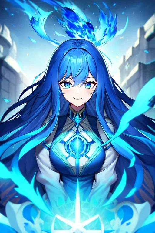 girl, masterpiece, best quality, cinematic lighting, detailed outfit, vibrant colors, perfect eyes, blue hair, long hair, blue eyes, blue fire magic, smile, angry,