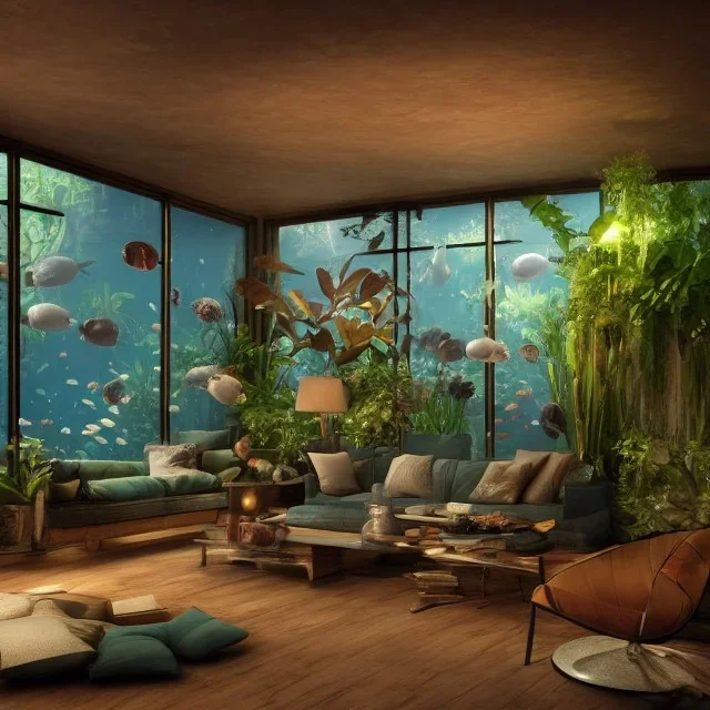 a gorgeous, stunning underwater livingroom with paned glass wall, dark wood floor, plants, stones, sofa and chairs, 8k resolution, high-quality, fine-detail, digital art, detailed matte, volumetric lighting, illustration, 3D octane render, brian froud, howard lyon, selina french, anna dittmann, annie stokes, lisa parker, greg rutowski, George Grie, Ben Goossens, Igor Morski