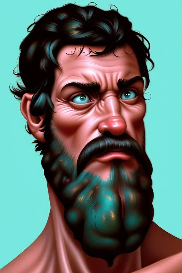 4K Ultra-HD, Hyper realistic, in the style of Caravaggio - Fred Flintstone, handsome, fair skin, tan beard stubbles, black hair, thick black eyebrows and a large nose. broad shoulders and massive arms, He wears a raggedy, deep sky blue or an aqua teal-green necktie, and a short-sleeved orange and black-spotted loincloth with a torn hemline. -- cinema lighting,