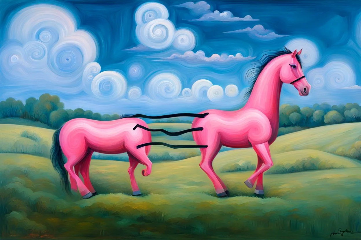 strange Big pink plastic horse.19th painting