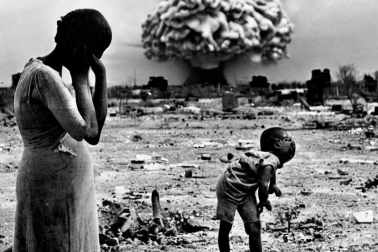 anguished mother and child war refugees, as child stands amidst rubble and ruins with nuclear mushroom cloud in the background. Mother crying in agony. human skulls strewn about. single red flower growing near child.