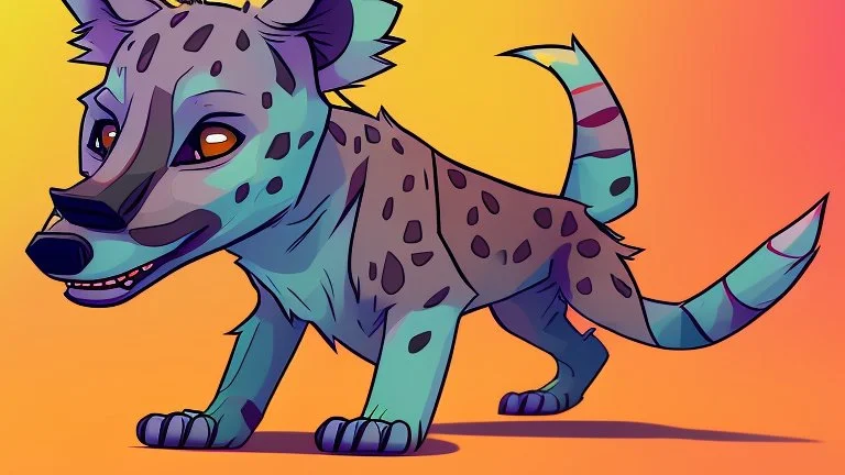 Cute chibi hyena dog chasing its own tail, cartoony, colorful, exaggerated, simplified, adorable