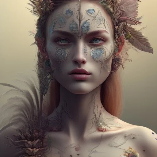 perfect woman portrait , plant metal, feathers, face tattoo, ominous, nature, plants, wildflower, facepaint, intricate, oil on canvas, masterpiece, expert, insanely detailed, cinematic smooth, intricate detail, soft smooth lighting, painted Renaissance style