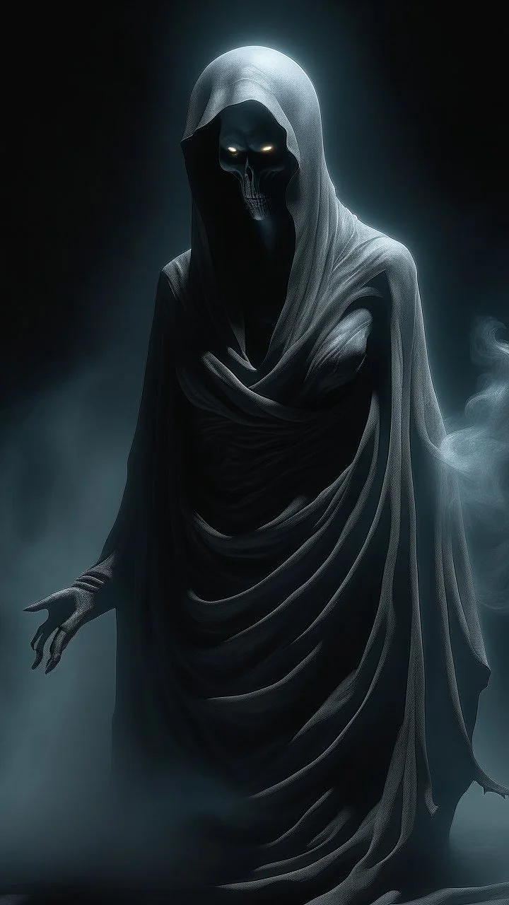 In a mesmerizing and ethereal manner, an otherworldly being emerges in the form of a translucent grey hood ghost. flowing smoky black robes. Forward facing