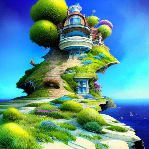  Skyscraper sea house between cliff ,sea cliff, hill peak,blue sky,detailed facades+beautiful,richly detailed houses,trees,ornamental flowers +uphill road+biopunk+Book illustration by Gediminas Pranckevičius, Jean Baptiste Monge, Brian Kesinger, Anton fadeev, strong lines,vibrant colors, highly detailed, 16k resolution