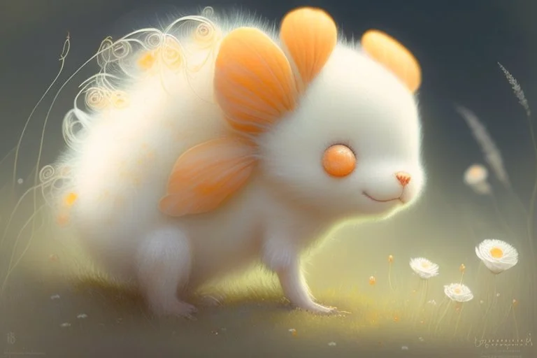 Artist Jean-Baptiste Monge style. A pale orange white little Puschelwuschelkuschel creature on a meadow with pale blue filigree tendrils flowers.