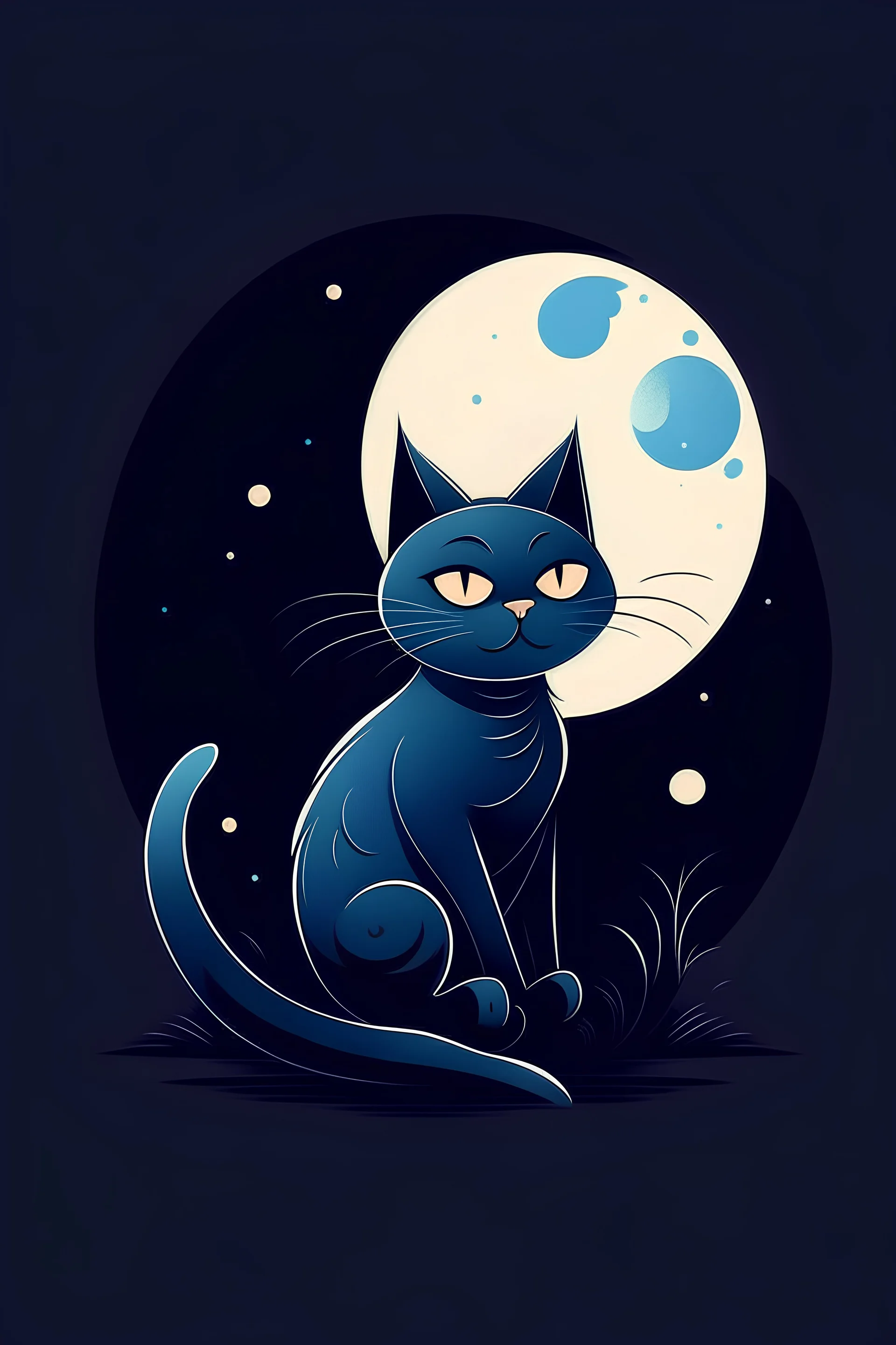 "Design a whimsical AI painting logo featuring a mischievous cat on a moonlit night. The cat, in a playful pose, should be portrayed in a humorous style, with exaggerated features or comical expressions. Capture the essence of feline fun under the gentle glow of the moon."