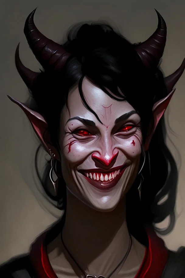 A kind looking tiefling woman in her 40s. She is motherly, with black hair and red eyes. She has scars and wears black. She is smiling with a closed mouth