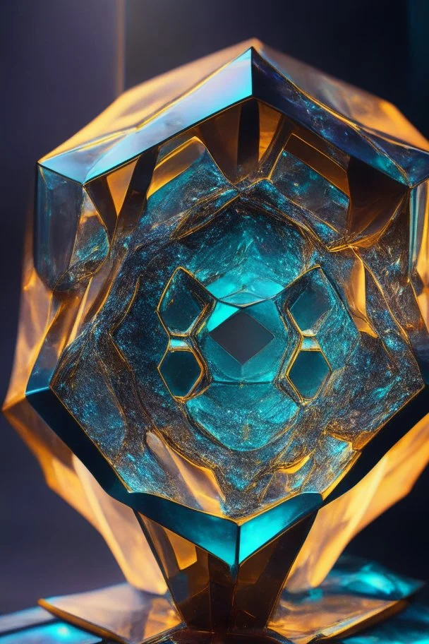 portrait of glass hexagon sacred sculpture with indentations, art, 4k, high detail, trending art, depth of field, volumetric light, dramatic lights