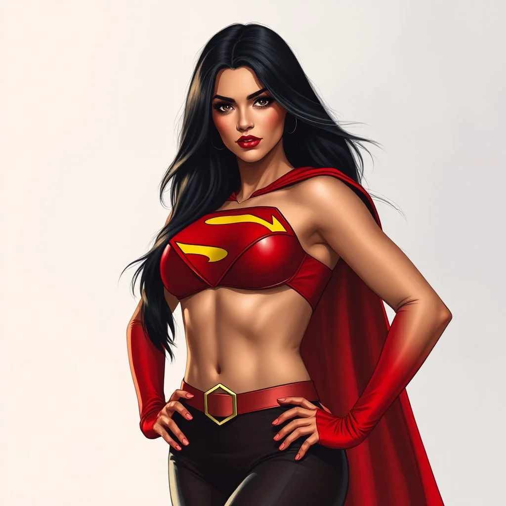 super pretty woman, black long haired, big bubs, good body, dressed with a red siut super hero,