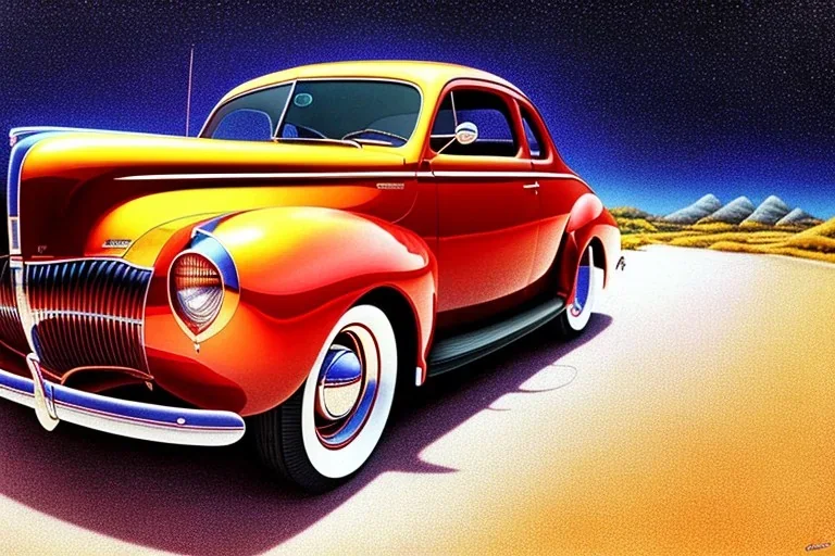 a true-to-life 1940 ford coupe, two-tone paintwork hotrod, classic hotrod wheels, pen and color marker, centered, intricate, extreme detailed, photorealism, center view, 1950s drive-in background, pivot on ford, painting by cheryl kelley