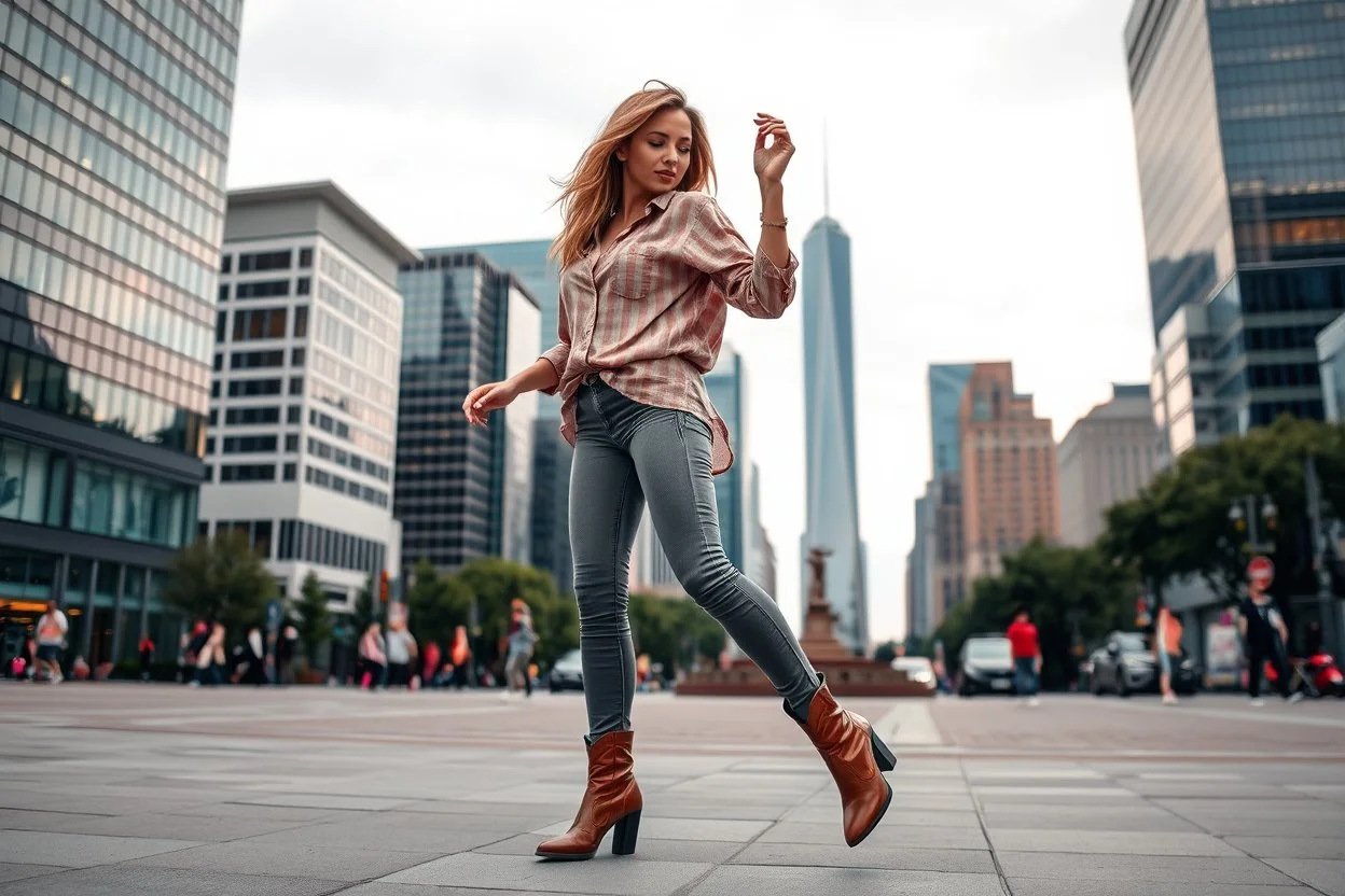 modern city a wide cross square a beautiful lady in nice pants and shirt pretty boots hip hop dancing city scape in background