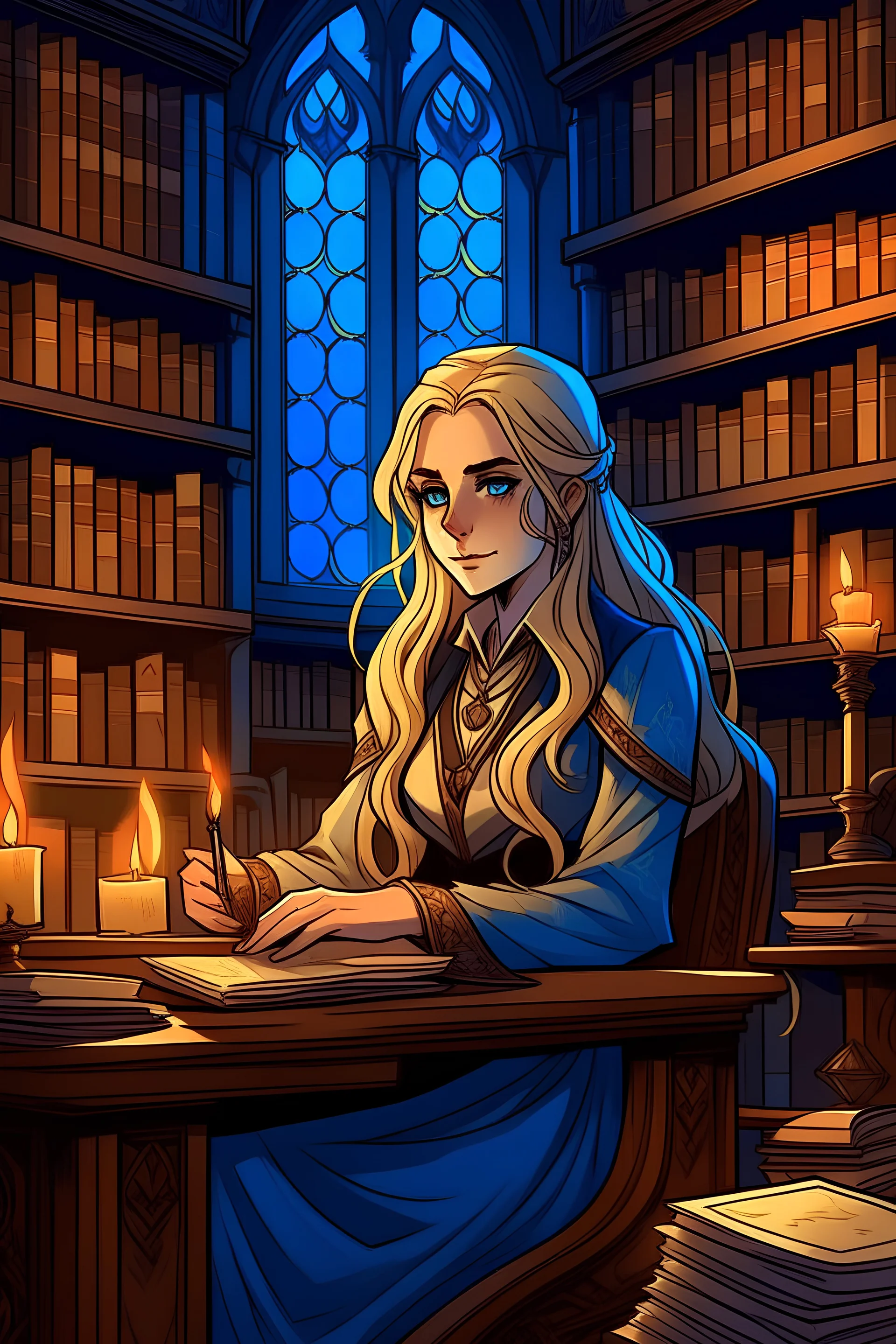 female, royal scribe sitting in library, candlelit, noble face, blue eyes, full beard, long blonde hair, digital comic style