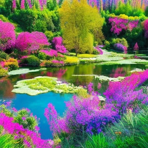 bright flowery landscape, cosmic atmosphere, blue lake, cascades, delicate flowers, perfect composition, 8k, super detailed,pink trees, fantasy art, complementary colours, intricate details