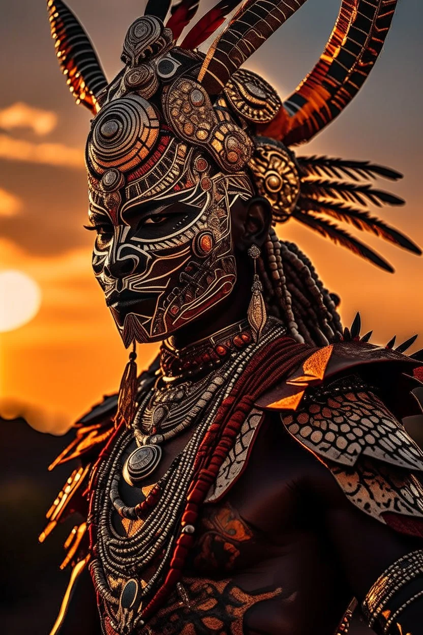 Striking portrait of Nantli warrior as anthropomorphic puma, adorned with intricately designed traditional armor and headdress. His face, painted with black and white patterns, radiates a fierce and determined expression. A red sun adorns his headdress, symbolizing strength and power. The background, a vast, golden desert landscape, with a sun setting behind some rocky outcrops. 8k