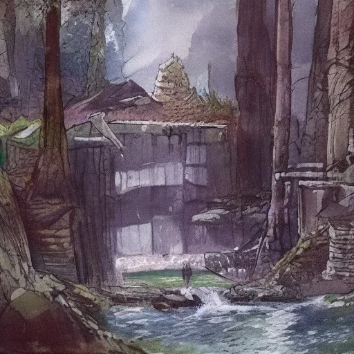 forest river, ruins, concept art watercolor