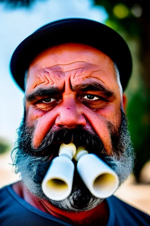 close up photography, dirty burly chubby Italian strong 48 years old homeless man, dripping milk from open mouth, dripping on the beard, with dirty tank top, emotional eyes, manly chest, photo, Canon EOS, lens 35mm, natural lights, 8K, in the morning