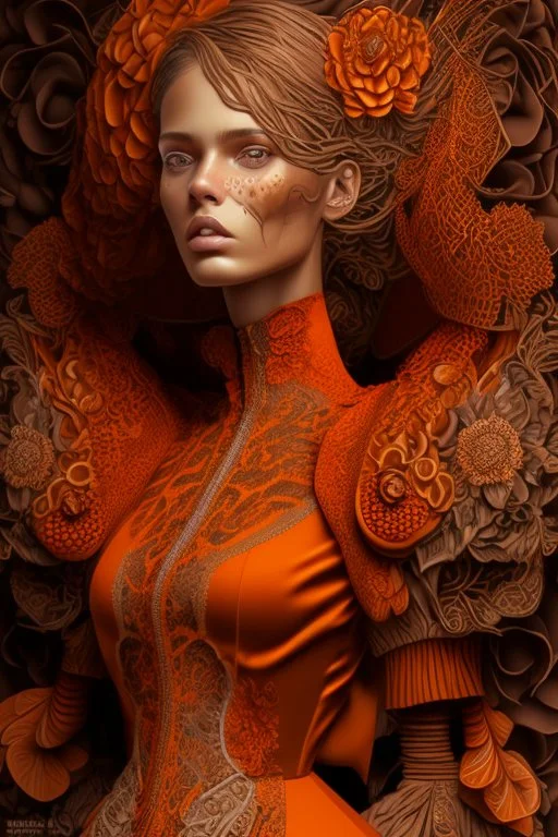 female, brown and orange tones, insanely detailed and intricate, hypermaximalist, elegant, ornate, hyper realistic, super detailed, by Pyke Koch