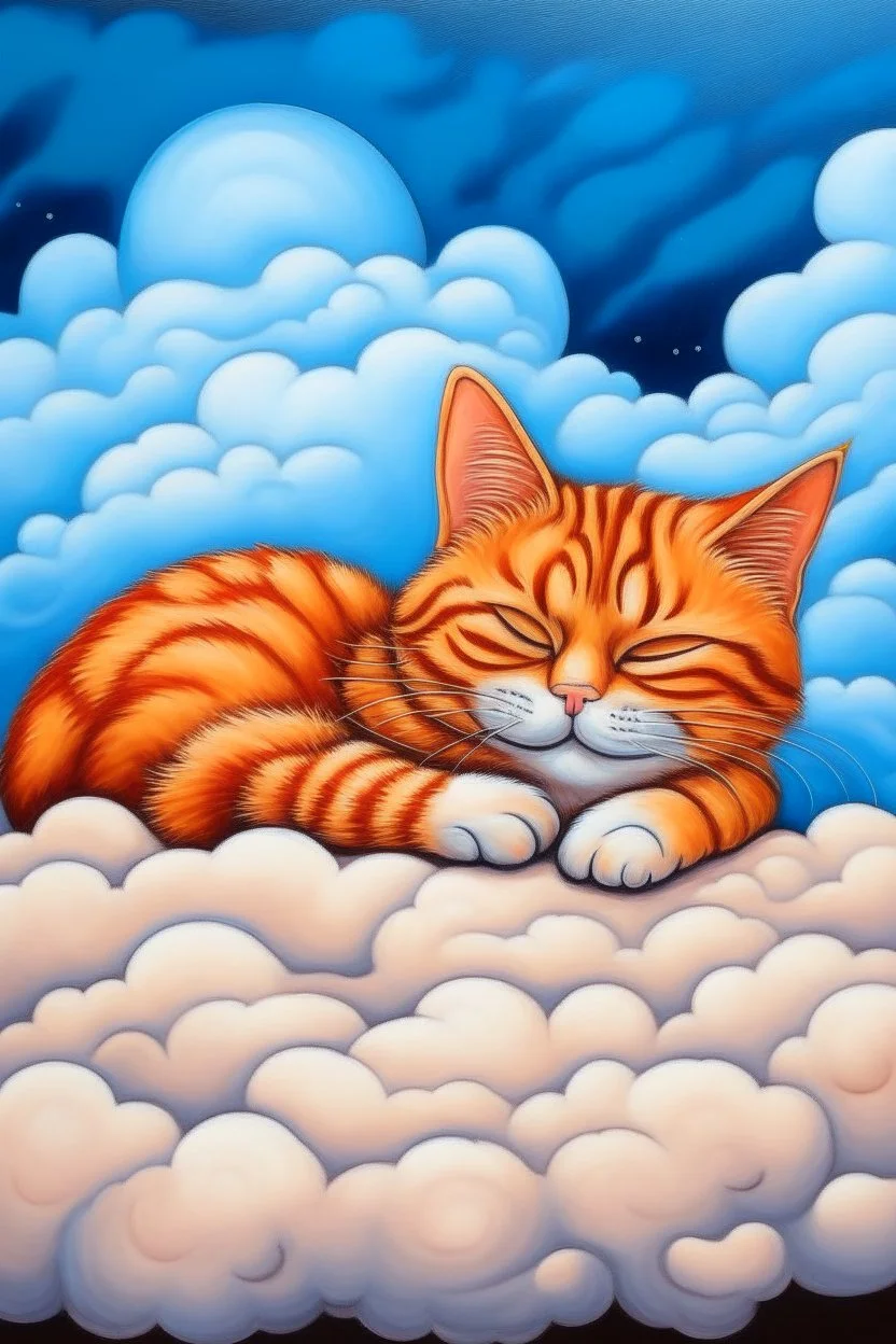 portrait of a orange cat with stripes in heaven sleeping on a cloud