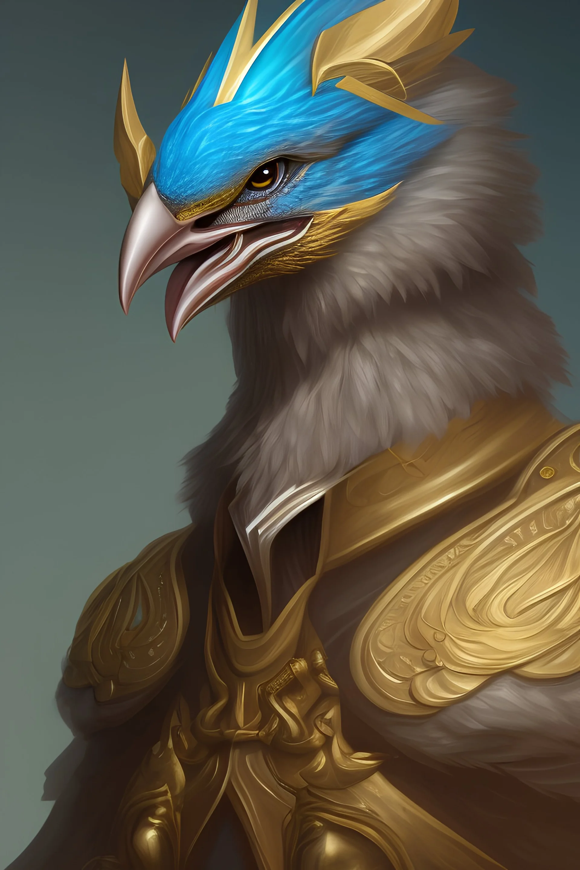 A portrait of a dnd character, his race is aarakocra, he has massive golden wings, golden feathers that reflect the sunlight and a blue beak and blue eyes, he is a druid, ultra high definition