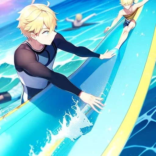 ONE anime blonde boy on a surfboard, riding the perfect waves, on a surfboard