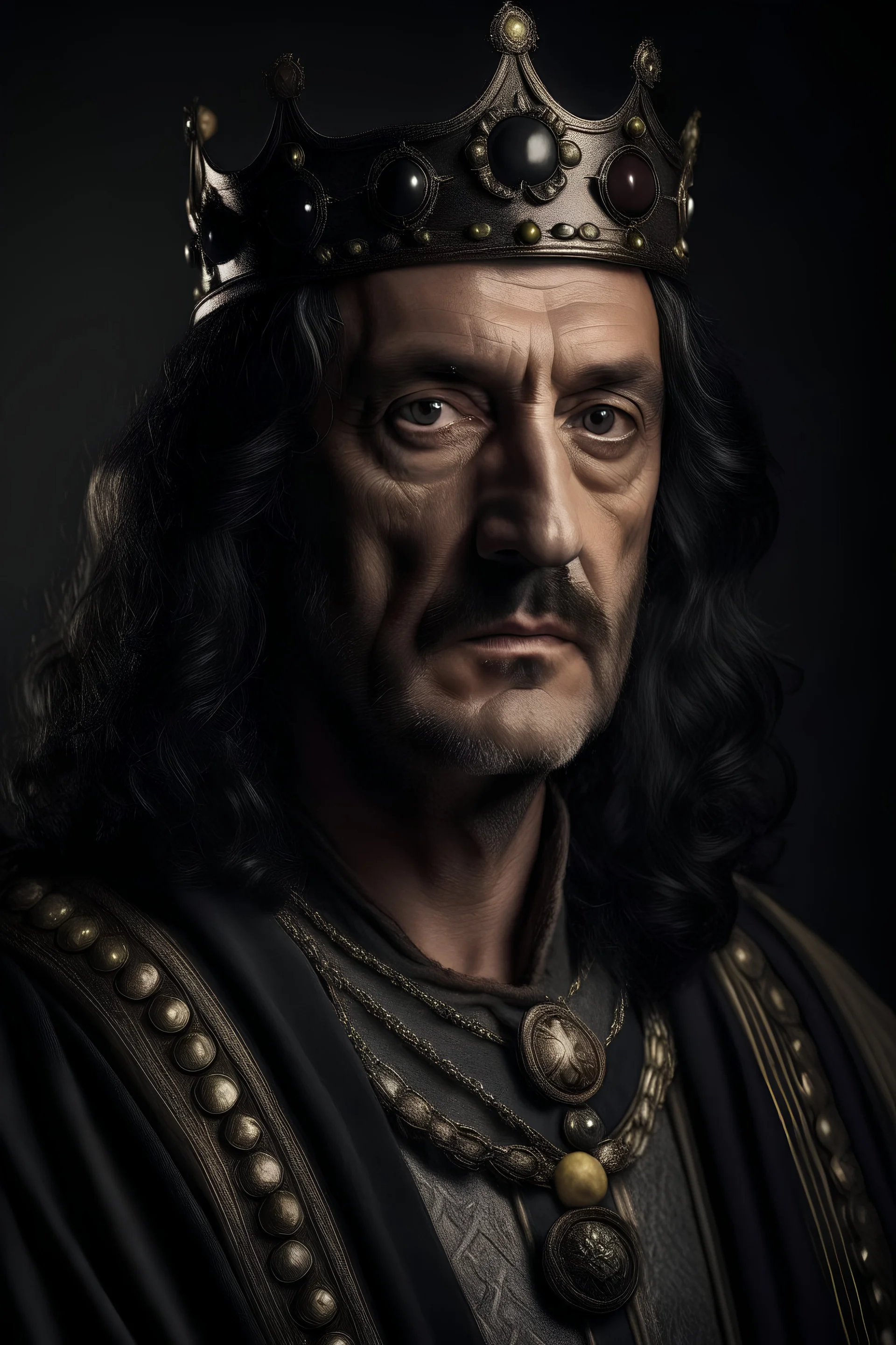 Middle aged, medieval king, black wavy hair,