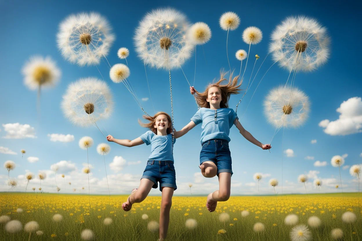 captivating and whimsical photograph of a girl swinging between two detached dandelion puffs, suspended in the sky. The vast field of dandelions stretches beneath a clear blue sky, creating a surreal and enchanting atmosphere. The dreamy background features a serene landscape with more dandelions and a distant horizon, further enhancing the otherworldly ambiance. The girl, wearing a blue shirt and jeans shorts, gracefully maneuvers the swing with her legs extended and arms tightly gripping the s