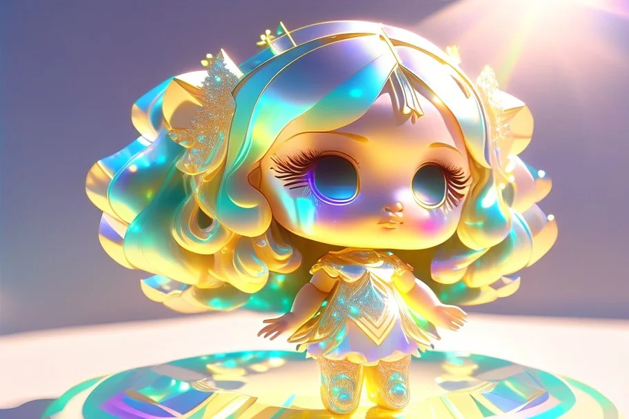 cute 3D chibi goddess in holographic dress in sunshine