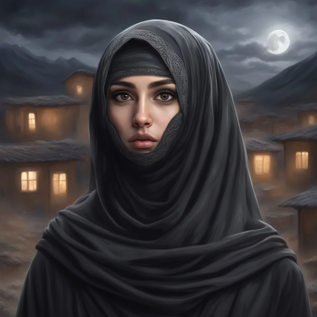 Hyper Realistic close-up-view of Beautiful Pashto Girl in niqab with beautiful hair & beautiful eyes fully-face-covered-in-black-dress-&-grey-shawl standing outside village-houses giving-bold-expressions on mountain-top at night with cloudy-moonlight showing dramatic & cinematic ambiance